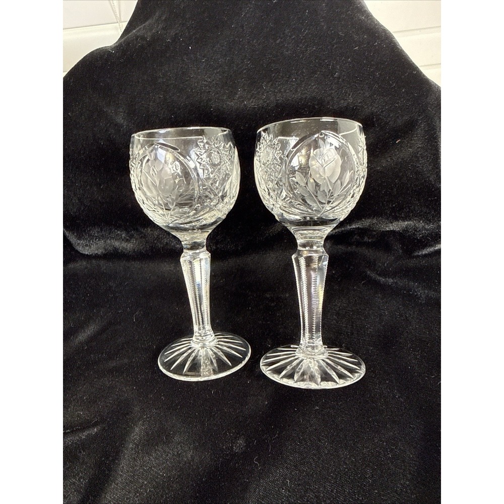 Set Of 2 Vintage Sears Country Rose Etched Frosted Cut Crystal Cordial  Glasses
